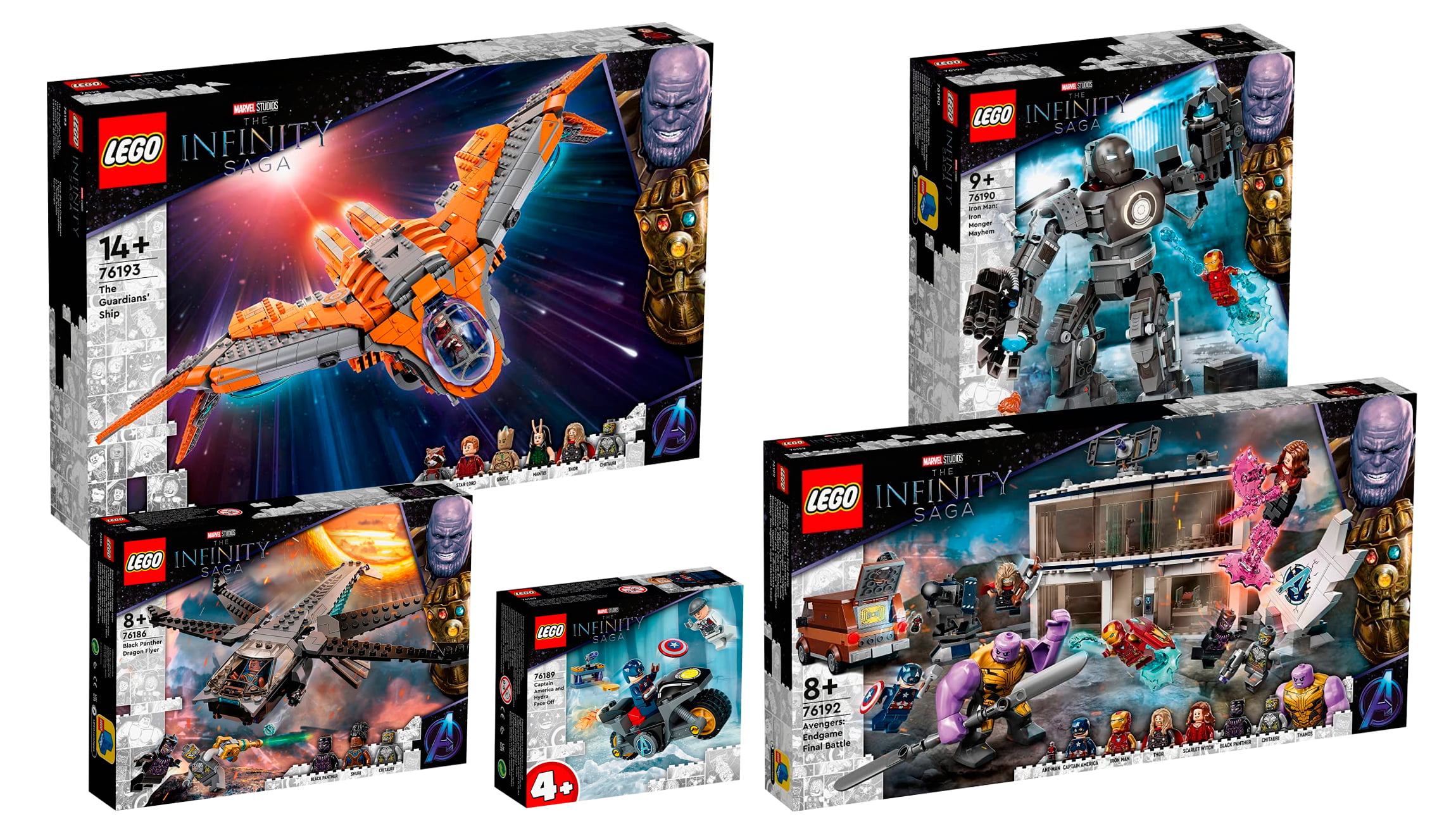 Imagen montaje de cajas de LEGO Marvel Infinity Saga